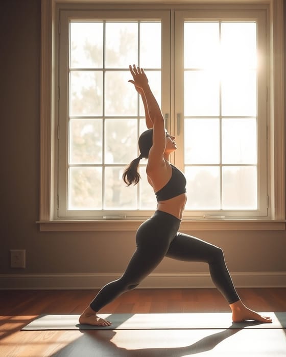 Calm mobility session: warrior two pose beside a bright window at home